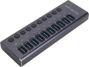 Denash Powered USB 3.0 Data Hub,10 USB 3.0 Data Ports with Individual Switch,USB Data Hub Splitter with 60W Power Adapter for Laptop PC 100240V (US Plug)