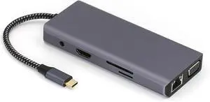 10 in 1 Type C to HDTV VGA RJ45 USB3.0+USB2.0 TF Card Reader Slot 3.5mm Port USB Extender Docking Station for PC USB C with TF Card Reader