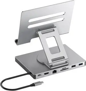 Rotating Type C Dock Stand for Tablets PD100WCharging Gigabit Networking Port 3.5mm Slip Proof Silicone PadCooling Design USB C Adapter with Stand