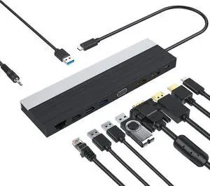 EBTOOLS 12 in 1 USB C Hub, Triple Display Docking Station, Support HDMI, DisplayPort, and VGA, 100W PD, Gigabit Ethernet, 4 USB Ports, Type C, Memory Card Slot, 3.5mm Sound Jack