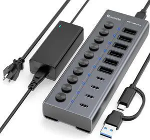 Powered USB Hub, 10-Port USB C Hub with 6 USB-A 3.2, 4 USB-C 3.2 Ports, Individual Switches and 12V/5A Power Adapter, Aluminum USB Extension for MacBook, Laptop/PC and More.