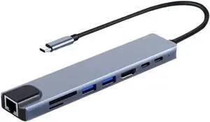 8 in 1 USB C Hub TY>pe C Splitter 4K RJ45 100Mbps with SD TF Card Reader Slot PD 87W Fast
