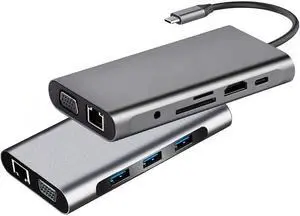 100M/1000Mbps Ethernet to USB C Adapter Docking Station USB TY>pe C to HDMI HUB 4K 30HZ(S101 10-in-1)