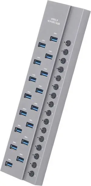 16 Ports USB 3.0 Hub Efficient High Speed Data Hub for Multiple Devices Power Switches for Home Office Use Aluminum Alloy (US Plug)