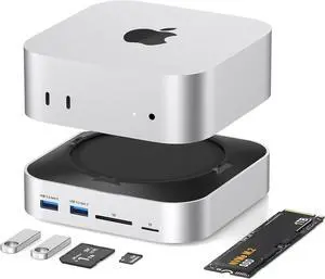 BAOZEE Mac mini Dock with NVMe SSD Enclosure, USB-C Hub for Mac mini M4/M4 Pro with 2X USB-A 10Gbps, 3X USB-A 5Gbps, HDMI, DP, SD/TF Card Reader  Magnetic Cover, Up to 8TB SSD Support