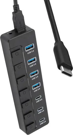 Obotsnoi Multi Port Type C Adapter 7 Port Splitter 5Gbps Speed USB C To USB3.0 Adapter With Power Switches For PC Laptop Devices Type With Power Input Function