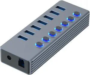 USB3.0 Hubs Splitter 1 to 7 Port USB Data Hubs with Individual On/Offs Switches and Lights for Laptop PC Computer