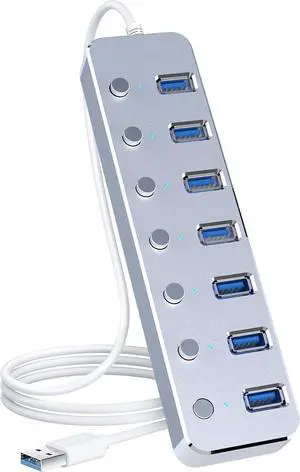 USB 3.0 Hub 7 Port USB Hub with 2ft Long Cable Aluminum USB Hub for Laptop and PC with Individual On/Off Switch and LED Indicator