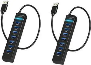 2 Pack 7 Ports USB Hub, Multiple Port USB Adapter with Indictor Light, High Speed Data Transmission Docking Station, Compatible with Mouse, Keyboard, Printer, Windows, MacOS, Linux