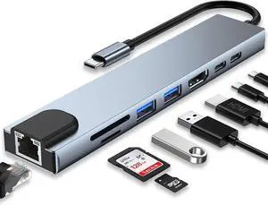 USB C Hub 8 in 1 RJ45 Ethernet Multi Port Adapter with SD/TF Card Slot 4K HDMI USB 3.0/2.0 RJ45 100W PD USB C Port Docking Station for MacBook Pro/Air iPad Pro Laptops