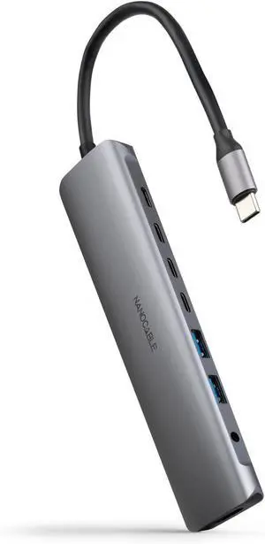 NANOCABLE 10.16.4608  USB-C Hub 8-in-1, USB-C 3.1 to 2xUSB-A 3.0 + 3xUSB-C 3.0 + USB-C PD + HDMI 4K@60Hz + 3.5mm Audio Jack, Aluminium, Grey, 18 cm