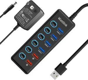 Wattlink Powered USB 3.0 Hub, 6 Ports Hub Splitter with Power Adapter, 4 Data Ports + 2 QC 3.0 Fast Charging Ports, Individual LED Switches, Black