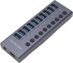 10 Port 60W Powered USB Hub, USB 3.0 Port Hub with Individual Power Switches, LEDs Aluminum Alloy Shell USB 3.0 Docking Station 60W 12V 5A Power Adapter 100240V (US Plug 110240V)