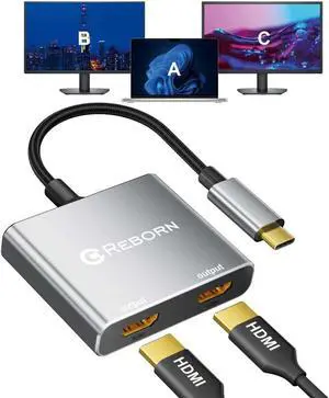 USB C to Dual HDMI Adapter | 4K@60Hz HDMI Splitter Extended Display for Dual Monitors, Type C Converter for Windows/macOS, Windows Allows 3 Separate Screens, macOS Only Allows Mirror Mode