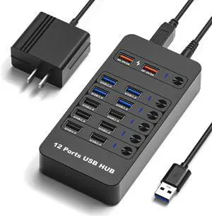 12 Ports Powered USB 3.0 HubArector 12 in 1 USB Splitter Hub with 2 Smart Charging Ports, 10 USB A Ports, Individual On/Off Switches, USB 3.0 5Gbps High Speed Transfer, USB Hub for Laptop,Mac,PC