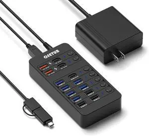 14-in-1 Powered USB Hub, USB Data Hub w LED Individual On/Off Switches for MacBook/PC/Steam Deck & External HDDs, 6 USB 3.0,3 USB 2.0,2 USB-A/C Charging,1 USB-C 3.0,1x PD 60W,1x Type-B for HDD Dock