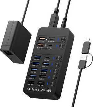 14-in-1 Powered USB Hub with 60W PD Charging, 6 USB 3.0 Ports, 4 Fast-Charging Ports, 1 USB-C 3.0 Data Port & LED Switches for Laptop, Phone, Tablet