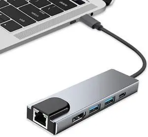 5-in-1 Type-C Hub Docking Station, Type C to HDTV Adapter, RJ45 Ethernet, 4K HDTV, PD100W, USB 3.0, USB2.0 Compatible with Type C Devices with DP Alt Mode, Multi-Port Adapter