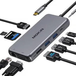 USB C Hub Type C Multiport Adapter for MacBook Pro/Air, 10 in 1 Mac Dongle with HDMI, Ethernet, VGA, PD Port, 3 USB 3.0, SD/TF Card Reader and Mic/Audio for Windows Type C Laptops