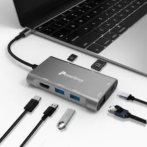 PowerEnvy USB C HUB,7-in-1 USB Adapter Multiport Data HUB with 60W Type C Charging 5Gbps 2 USB A 4K HDMI 1000M Ethernet TF/MicroSD Data Transfer Port for MacBook,iPad Pro/Air,XPS,MateBook,More