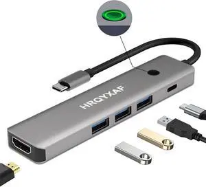 5 in 1 USB C hub Multifunctional docking station, equipped with 1 screen on/off button, 1 HDMI port, PD 100W power supply, 3 USB3.0 ports, Applicable to USB Class C devices