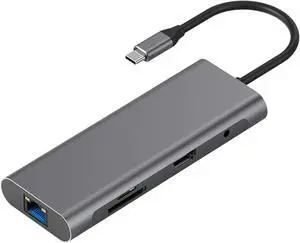 USB Hub 9 Port Ultra Slim USB Splitter with USB3.0 3 100W PD SD Card Slot TF Card Slot HDTV Headphone Jack RJ45 LAN for All Kinds PC with Type-C Interface