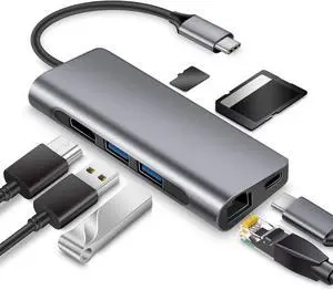 Docking Station 7 Ports USB C Hub Adapter with 4K-HDMI Type C USB 3.0 PD Gigablit Ethernet SD/TF Card Reader Compatible for MacBook Pro/Air More Type C Devices