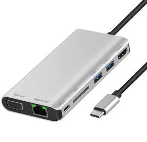 USB Hub Type-C to HDMI VGA Gigabit Ethernet 2 USB USB C SD Card Reader 7-in-1 Docking Hub for Notebooks with Type-C Interface Silver
