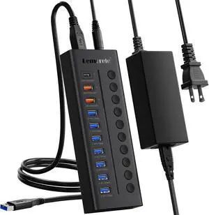 Lemorele 72W Powered USB Hub - 10-Port Splitter Hub (7 Data Transfer + 1 Smart USB Charging + 2 USB C Charging) with Individual LED On/Off Switches, USB 3.0 Hub, for Mac, PC & More