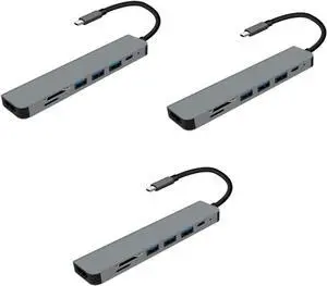 Uonlytech 3pcs 7 Aluminum Alloy USB Hub 7-in-1 Dock for Laptop Phone Tablet Fast USB 3.0 Speed Video Output