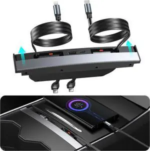 Waterproof USB Hub for Tesla Model 3 Model Y - 2023 2022 2021 4Ports Retractable Docking Station for Tesla Accessories, Expandable Base with Multi Ports for Fast Charging (Not Fit Model 3 2024)