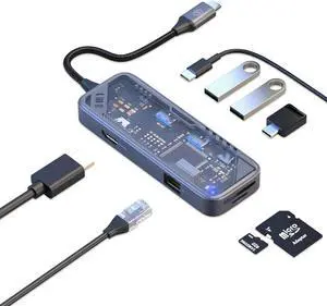 MicroPack USB C Hub 8 in 1, 100W PD Charging, 4K@60Hz HDMI, 3 USB 3.2 GEN1 5Gbps, TF/SD Card Reader, Gigabit Ethernet, Multi-Port Adapter Docking Station for MacBook ProAir iPad Laptop Type C Devices