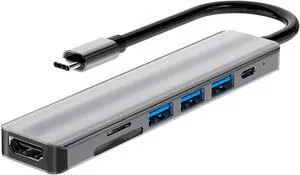 7 in 1 USB Hub Multiport Adapter - 3 USB Ports, SD/TF Card Reader, Portable Space Aluminum Dongle with 4K HDMI Output