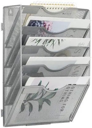EasyPAG Metal Mesh Wall File Holder with Labels - Hanging Wall File Organizer 5 Pocket, No Tools Easy Assembly, Office Organizer for Letter Folders, Classroom & Home Storage, Silver