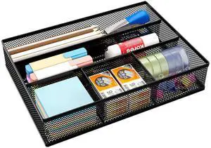 EasyAPG Desk Drawer Organizer with 5 Compartments, Metal Mesh Storage Tray with Anti-Slip Pads for Office, Kitchen, Bathroom - Black
