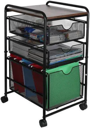 EasyPAG 3-Tier Rolling File Cart with 1 Large & 2 Small Baskets  Adjustable Hanging Organizer, Under Desk Storage, Mobile File Cabinet for Home/Office, Black