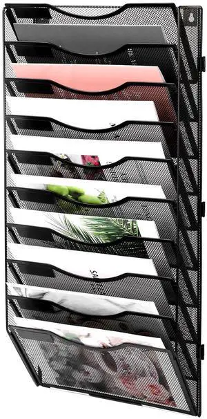 EasyPAG Mail Organizer Wall Mounted File Holder 10 Pocket Assembly Office Hanging File Organizer Magazine  Folder Rack with Nametags, Black