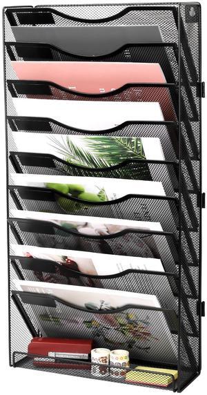 EasyPAG 10-Tier Mesh Metal Wall File Organizer | Tool-Free Hanging Organizer with Label Panels & Flat Tray for Office Home, 9 Folders Capacity + White Labels, Black