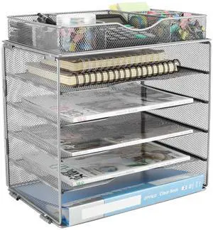 EasyPAG Desk Organizer Tray with Drawer 5 Tier Mesh File Sorter Paper Storage Organizer for Home Office Classroom, Silver