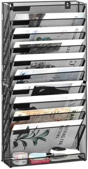 EasyPAG 14-Tier Mesh Metal Wall File Organizer | Tool-Free Hanging Organizer with Label Panels & Flat Tray for Office Home, 13 Folders Capacity + White Labels (11-Tier Black)
