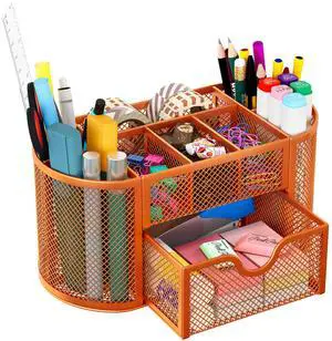 EasyPAG Mesh Desk Organizer with 8 Compartments & Drawer  Metal Office Storage for Home, School, Workspace, Orange