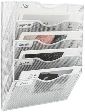 EasyPAG Wall-Mounted Mesh Mail Organizer with 5 Pockets, Vertical Hanging File Holder for Home Office Desk, Mesh Wall File Organizer with Labels, White