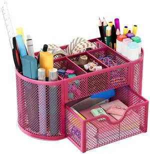 EasyPAG Mesh Desk Organizer with 8 Compartments & Drawer  Metal Office Storage for Home, School, Workspace, Pink