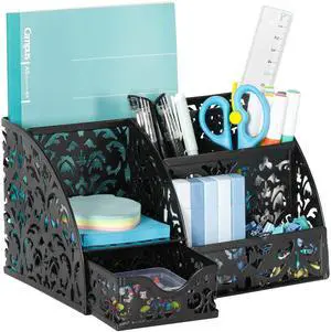 EasyPAG Elegant Floral Desk Organizer with Sliding Drawer - 6 Compartments Metal Desktop Caddy, Decorative Hollow Flower Design, Anti-Scratch Pads for Home, Office, School, Black