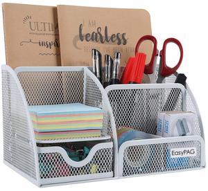 EasyPAG Mesh Desk Organizer for Women with Drawer - Multi-Functional Office & Makeup Storage, Anti-Scratch Pads, 5 Compartments, Durable Metal Mesh for Home, School, Classroom, White
