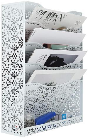 EasyPAG Desk File Organizer Heavy Duty Metal Wall Mount File Holder 5 Tier Mail Paper Folder Holder with Bottom Tray for Office Home Cubicle Countertop, White