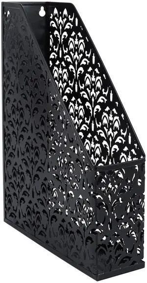 EasyAPG Heavy Duty Metal Magazine File Holder - Carved Hollow Flower Pattern Design, No Assembly Desk Organizer for Legal Size Files, Home Office Storage Rack, Black