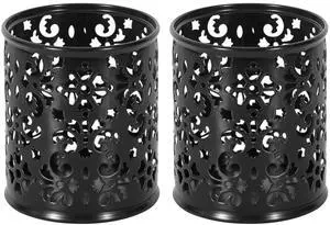 EasyPAG 2-Pack Round  Carved Hollow Pen Holder with Non-Slip Base, 3.75" Vibrant Desk Organizer for Office/Home/Makeup, Black