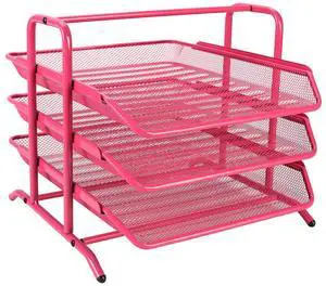 EasyPAG Desk Organizer Tray with 3 Sliding Trays for Letters  Documents Mail Files Paper, Pink