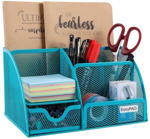 EasyPAG Mesh Desk Organizer for Women with Drawer - Multi-Functional Office & Makeup Storage, Anti-Scratch Pads, 5 Compartments, Durable Metal Mesh for Home, School, Classroom, Blue